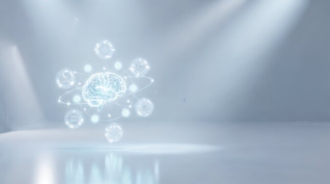 Glowing 3D brain hologram with digital network icons on a bright clean background, advanced artificial intelligence and machine learning technology concept