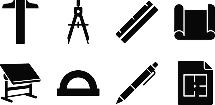 Architectural Drafting Tools and Blueprint Icons Set for Engineering Design