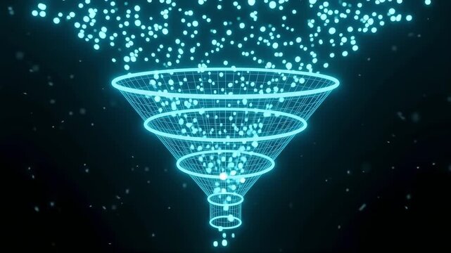 Seamless looping 3D animation of glowing data particles passing through a digital funnel filtering and leaving a few bright particles representing AI recruitment