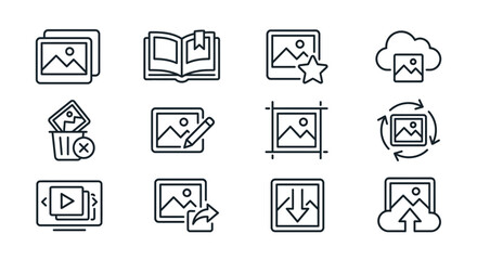Fototapeta premium Collection of isolated graphic icons representing image editing, management, and cloud storage