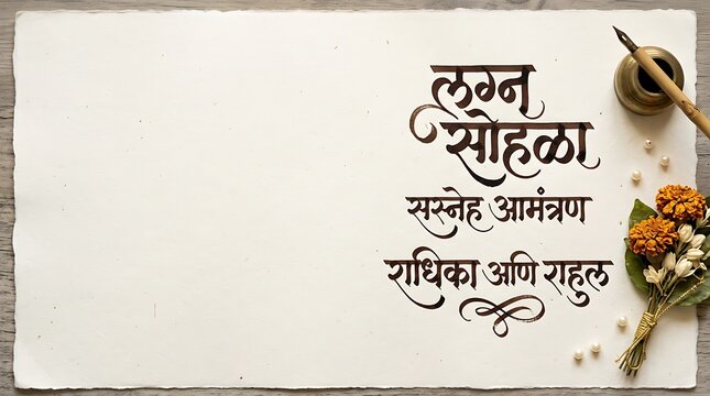 Decorative Script Hindi Text on White Paper with Dried Flowers and Ink Pot