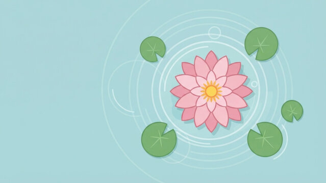 Minimalist vector wallpaper of a serene single pink water lily flower floating on calm graphic water circles