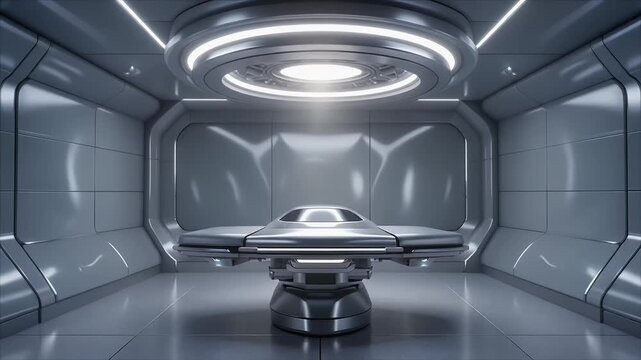 Futuristic medical examination room with a high tech patient scan bed under bright circular lights 4K Generative AI