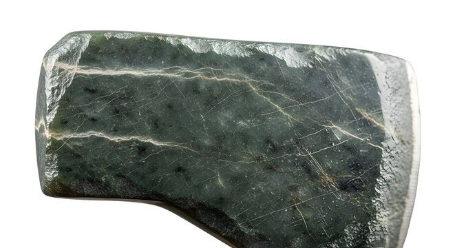 Ancient Polished Dark Green Nephrite Stone Axe Head Isolated on White Background for Archaeological Display