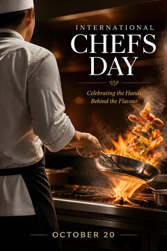 International Chefs Day poster showing professional chef flambeing food in a dramatic restaurant kitchen with warm firelight