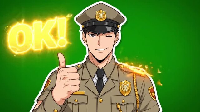 Anime Police Officer Thumbs Up Isolated on Green Screen. 4K Video