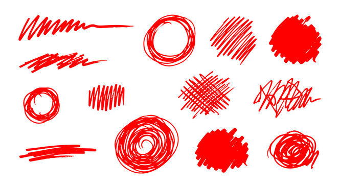 Hand Drawn Red Scribble Hatching Set, Pen Doodle Texture Strokes Smears and Shading Circles on Transparent Background