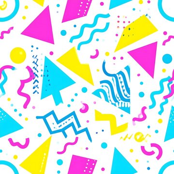 Seamless pattern with colorful geometric shapes and wavy lines in 1990s retro style.