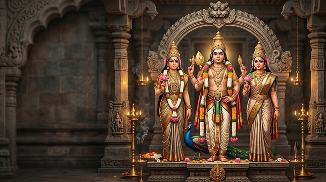 Divine Hindu Gods Trio Statue Shrine Atornate Arch Ancient Temple