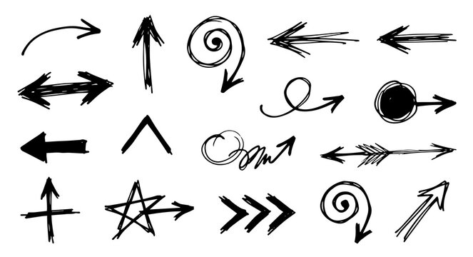 Hand Drawn Black Doodle Arrow Set, Sketch Direction Pointer Icons, Spiral and Chevron Indicators on Transparent Background