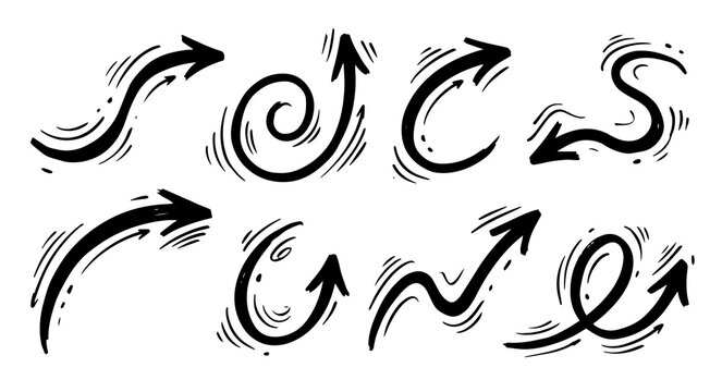Hand Drawn Curved Arrows Set Black Doodle Pointer Icons Spiral Direction Signs Comic Sketch Elements Graphic Illustration