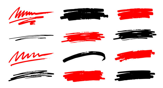 Red and Black Marker Brush Strokes Set Hand Drawn Highlighter Underlines Scribble Lines Grunge Paint Texture Banners Transparent Background Graphic Illustration
