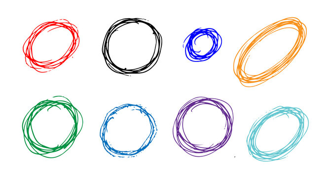 Hand Drawn Colorful Doodle Circles Set, Highlight Scribble Ring Frames and Pen Ovals on Transparent Background