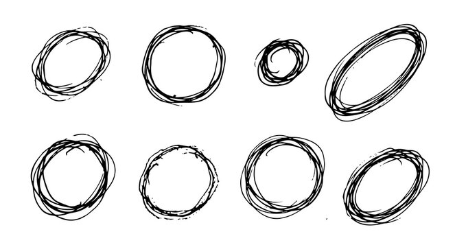 Hand drawn black scribble circle set doodle round frame sketch oval highlighter border line elements for highlight design on transparent background