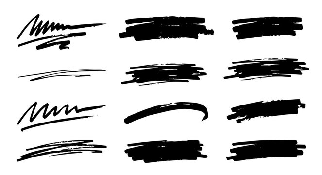 Hand Drawn Black Marker Underline Strokes Set, Brush Smear Highlights and Scribble Texture Lines on Transparent Background