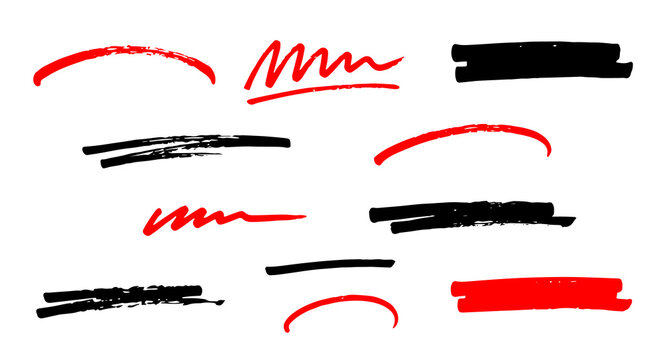 Hand Drawn Red and Black Marker Underline Strokes, Highlight Scribble Lines and Brush Smears on Transparent Background