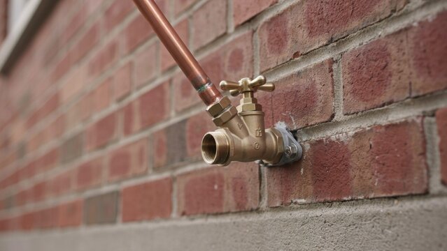 copper pipe extending from brick wall connecting to brass outdoor water spigot.