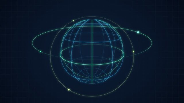 Rotating wireframe globe with orbit rings, seamless loop