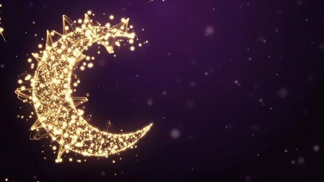 Abstract glowing wireframe golden crescent moon with sparkling particles on dark purple background with copy space