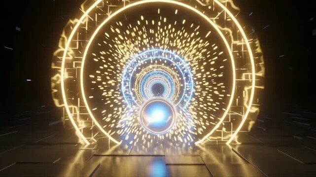 Seamless looping 3D animation of a glowing light sphere traveling through digital portals and glowing brighter representing virtual onboarding and remote training