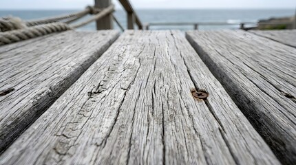 Naklejka premium Weathered wooden pier planks leading toward the ocean with a blurred coastal background