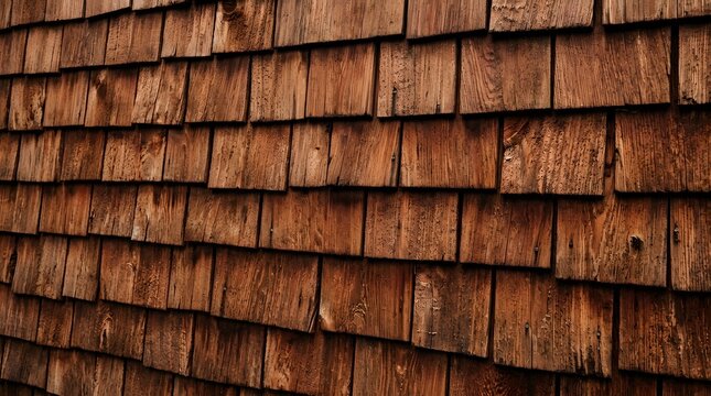 Weathered brown wooden shingle siding texture background shown from a side perspective view