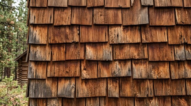 Natural weathered cedar wood shingles covering the exterior wall of a rustic cabin in a forest