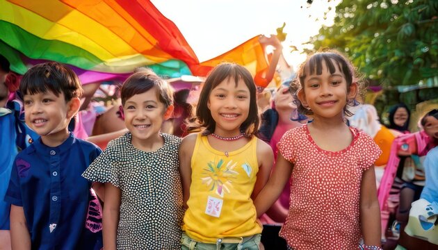 Diverse children at a colorful outdoor event.