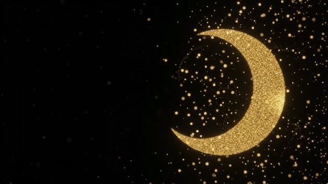 Sparkling golden glitter crescent moon with magical stardust particles against a dark black background with copy space   