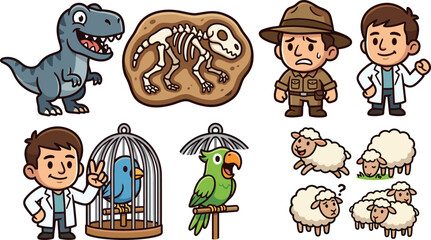 Cute Cartoon Icon Set with Dinosaur, Fossil Skeleton, Explorer, Scientist, Bird in Cage, Green Parrot, and Sheep Flock © MdTofaggal