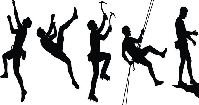 Rock Climbing Silhouette Collection with Ice Axes Rappelling and Mountain AdventureRock Climbing Silhouette Collection with Ice Axes Rappelling and Mountain Adventure
