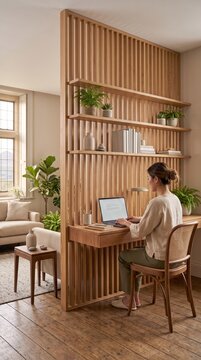 Floating Desk Seamlessly Built into Wooden Room Divider Claustra