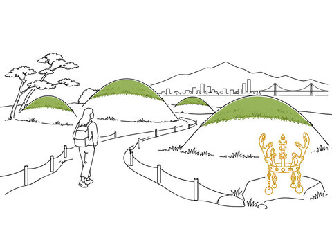 Ancient Burial Mounds of Bokcheon-dong Busan with Traveler One Line Drawing