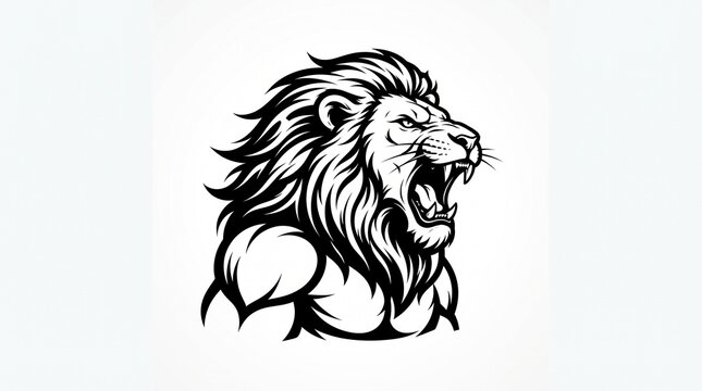 Fierce roaring black lion logo, muscular side profile with flowing mane and sharp fangs, bold mascot for sports team and apparel brand