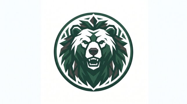 Geometric green bear head logo in circular badge, polygonal modern style, fierce emblem for sports team and outdoor brand