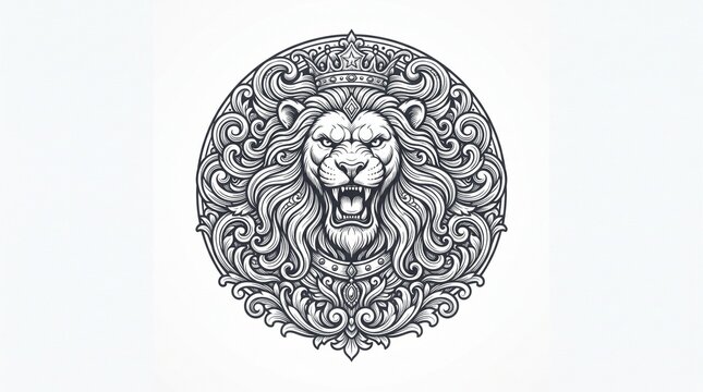 Ornate roaring lion head with crown and curly mane, circular vintage engraving emblem, luxury royal badge for fashion brand
