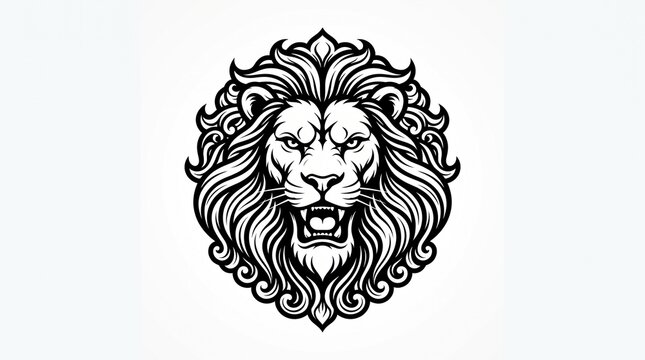 Fierce ornate roaring lion head logo with flowing curly mane, black and white vintage mascot emblem for luxury brand and apparel