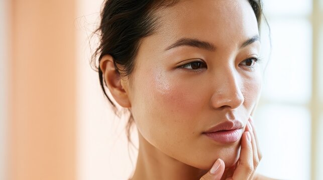 Asian woman touching glowing cheek in soft natural light for skincare