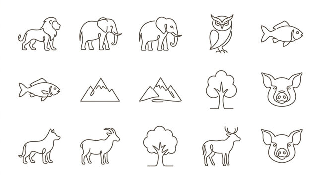 Elegant Minimalist Line Drawing Icons Set Featuring Animals Nature and Scenery in Monochromatic Style