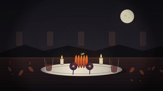 Minimalist outdoor picnic dinner under a full moon at night