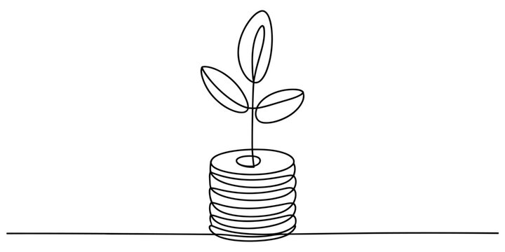 A single continuous line drawing of a small green plant growing out of a stack of metal coins representing financial growth investment savings and success in business and money management