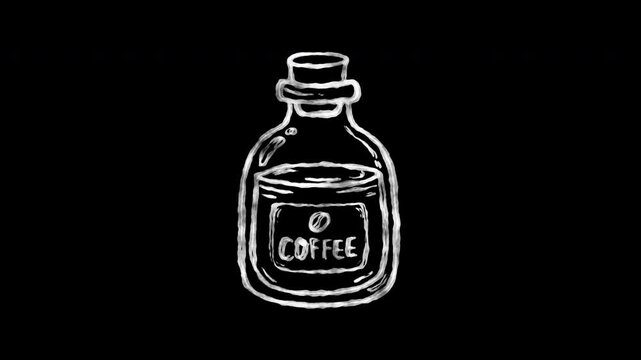 Hand drawn chalk style 2D animated loop of cold brew coffee bottle with cork stopper for cafe drink menu and culinary web design
