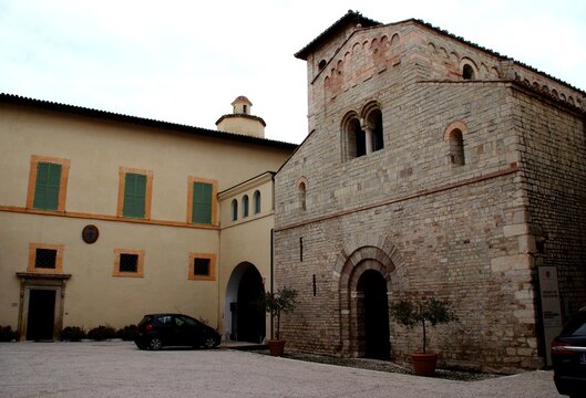 SPOLETO, ITALY - FEBRUARY 7, 2017: Basilica of Sant'Eufemia. Romanesque style with distinct Lombard-Venetian influences, located in the courtyard of the Palazzo Vescovile in Spoleto, Umbria, Italy