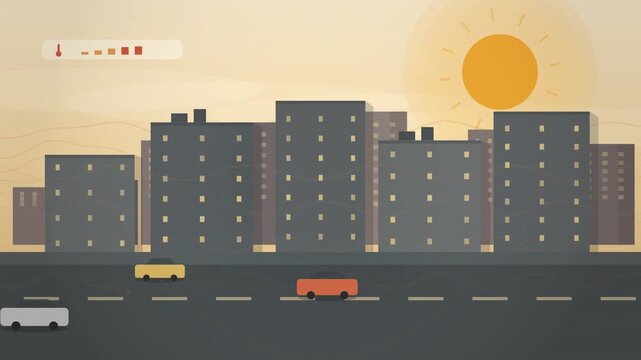 Flat vector city skyline with moving traffic at sunset