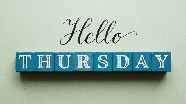 Hello Thursday Greeting with Blue Wooden Blocks and Elegant Cursive Script on Neutral Background