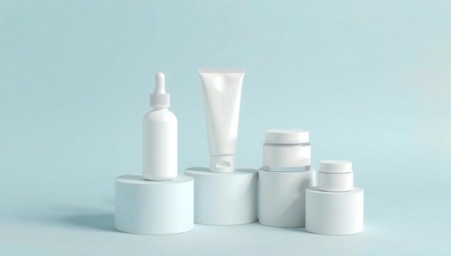 An assortment of white cosmetic containers arranged on a light blue background.