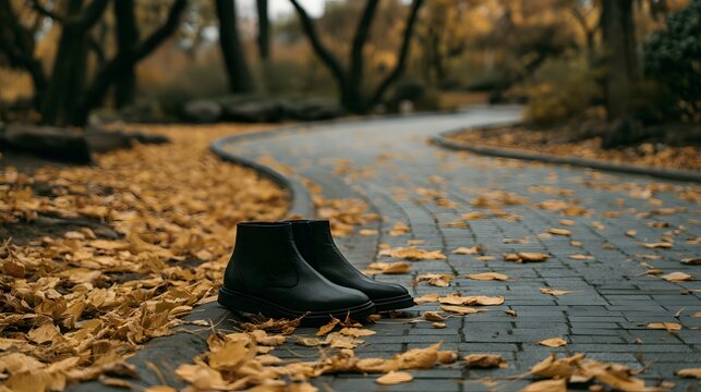A pair of black leather chelsea boots standing on a cobblestone path surrounded by autumn leaves in a park