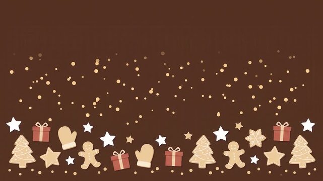 クリスマスクッキーや手袋が下部を縁取る温もりあふれるダークブラウンの背景素材