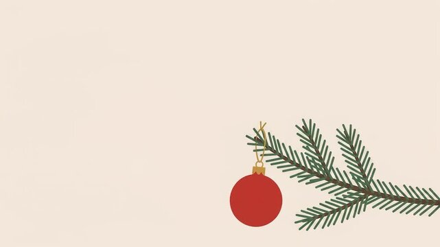 淡いベージュの背景にモミの小枝と赤い球体が佇むシンプルで洗練されたクリスマス背景素材