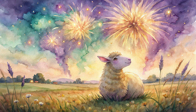 Whimsical Sheep Watching Fireworks Generative AI